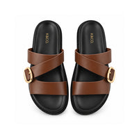 Sun and Sea Collection Leather Buckle Strap Slides - CHOCOLATE