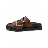 Sun and Sea Collection Leather Buckle Strap Slides - CHOCOLATE