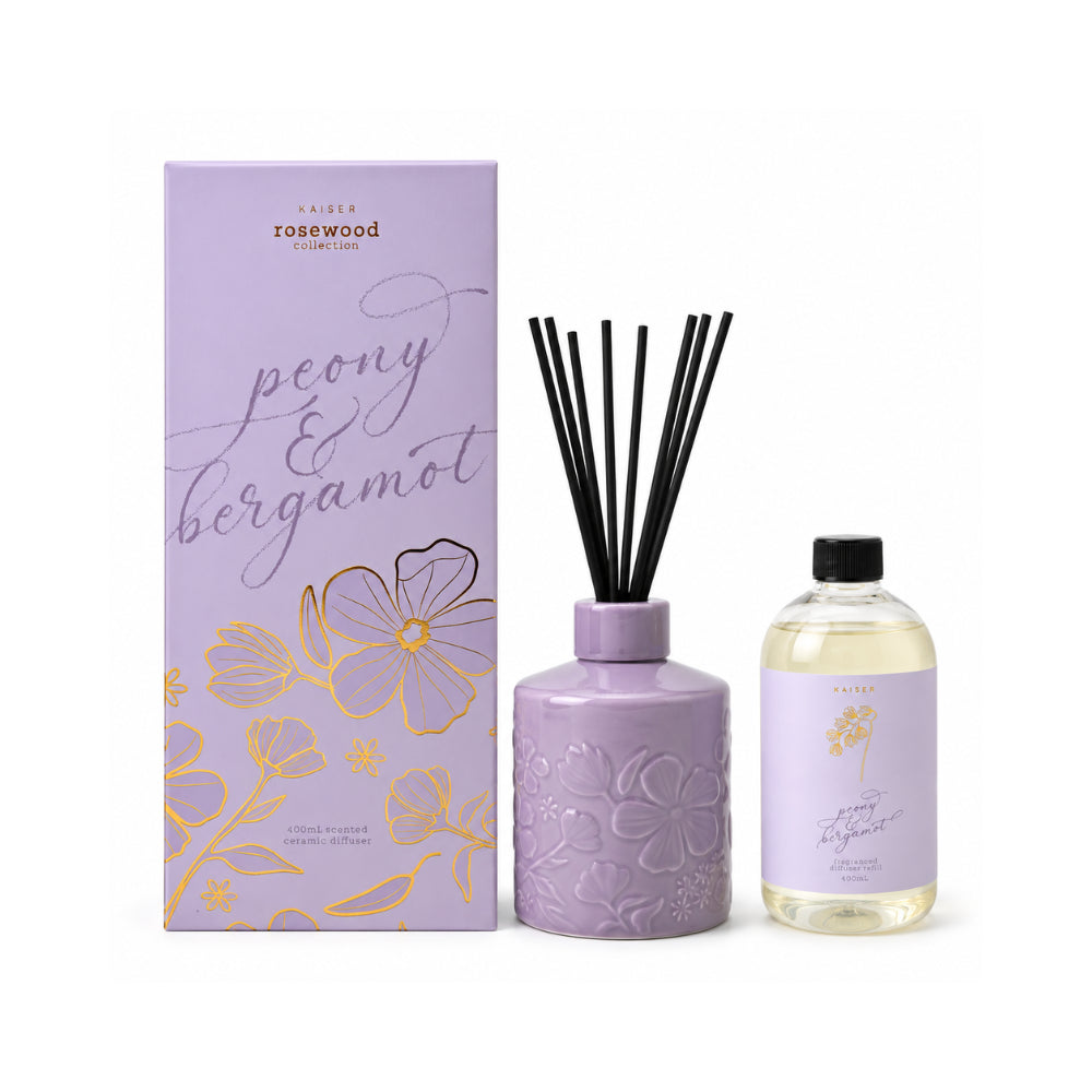 Rosewood Collection Large Ceramic Embossed Diffuser 400mL - PEONY & BERGAMOT