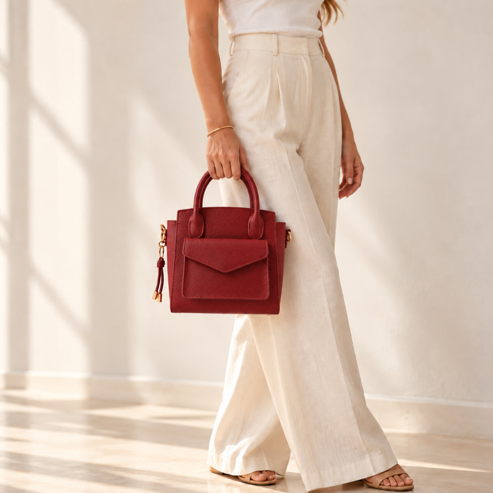 Rosewood Collection Genuine Leather Mini Tote Bag - BURGUNDY