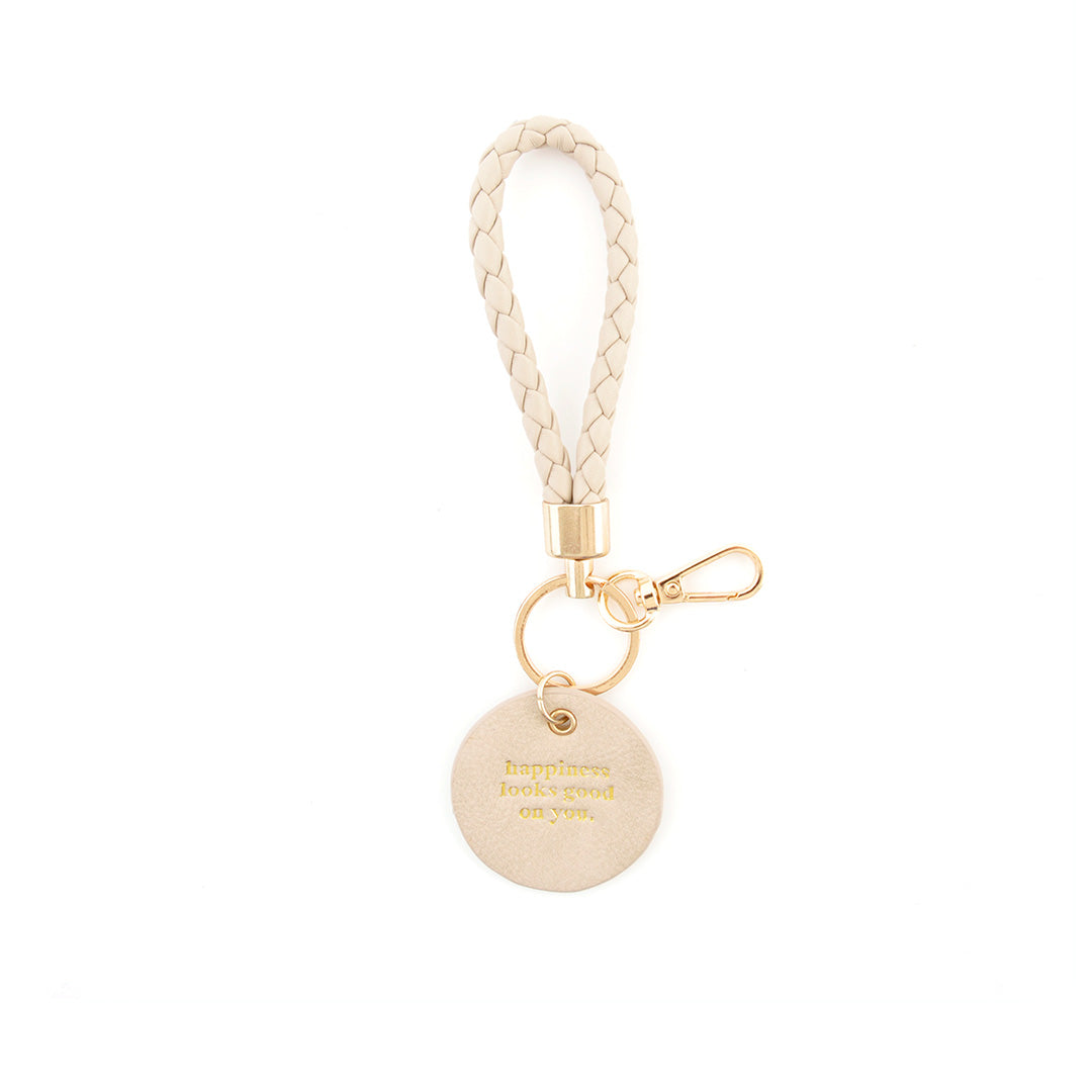 Faux Leather Woven Key Ring - Beige