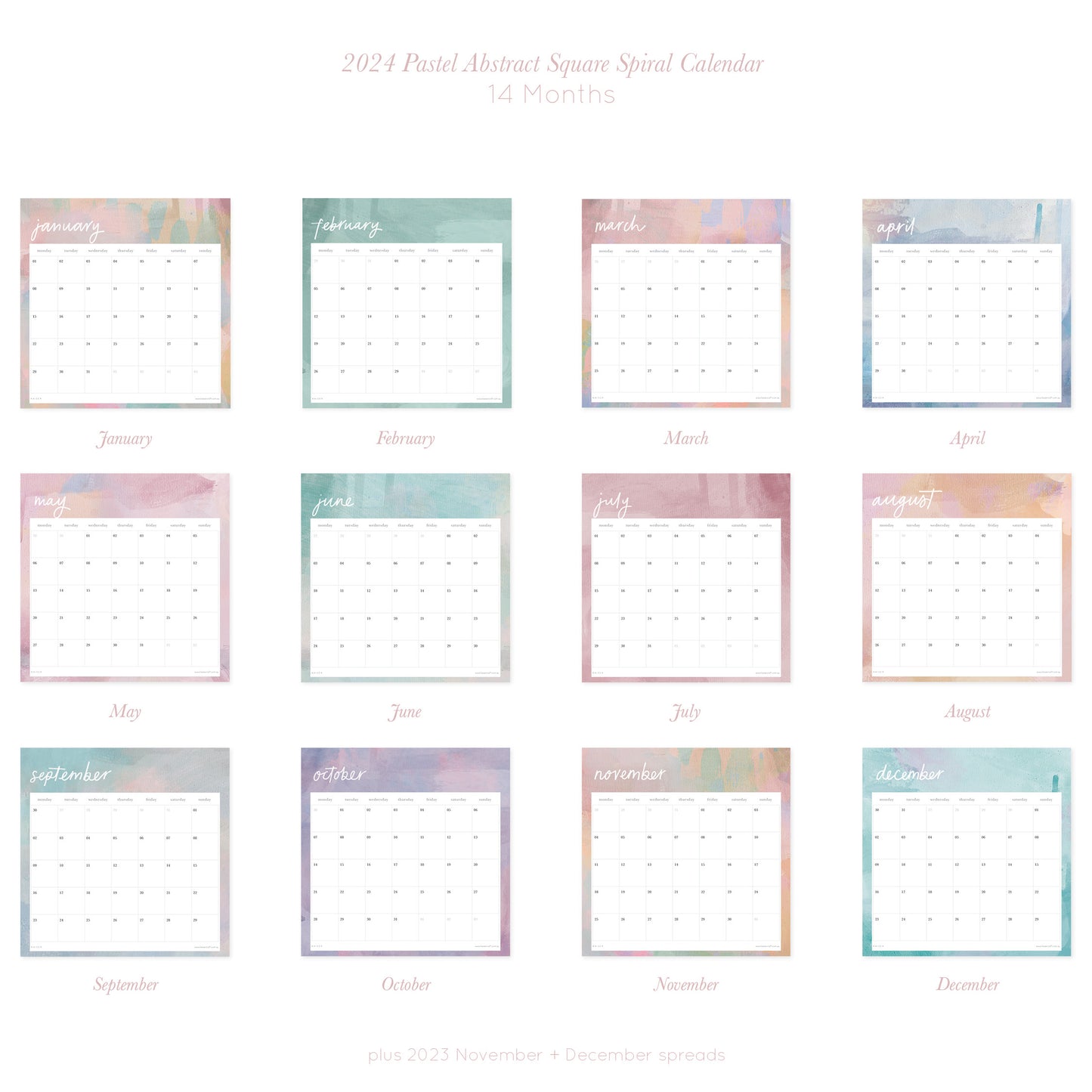 2024 Square Spiral Calendar - Pastel Abstract