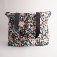 Quilted Tote Handbag - NAVY BLOOM