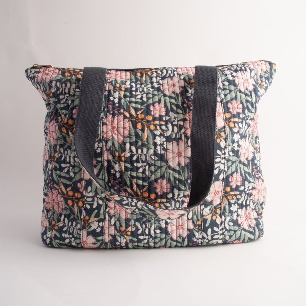 Quilted Tote Handbag - NAVY BLOOM