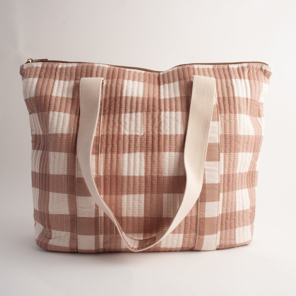 Quilted Tote Handbag - CAMEL GINGHAM