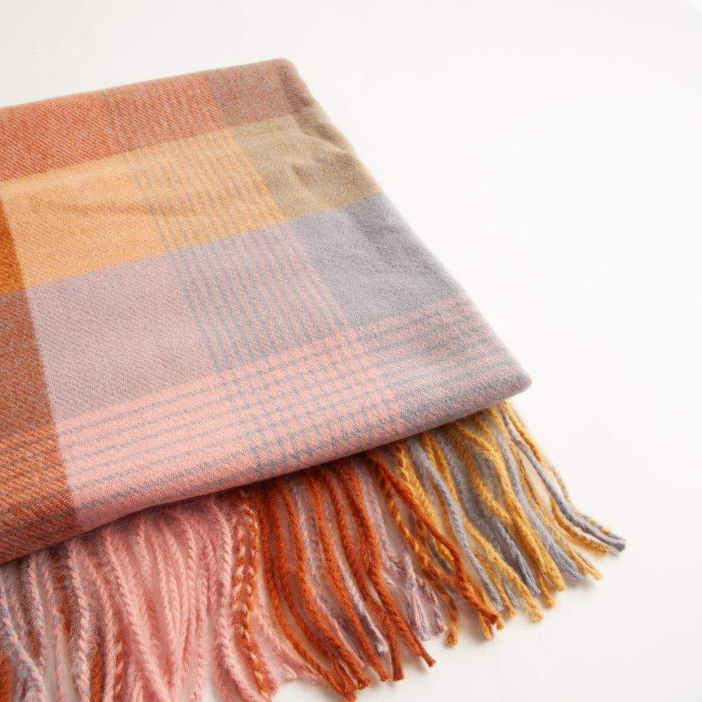 Winter Checked Scarf  - RUST/MUSTARD/PINK