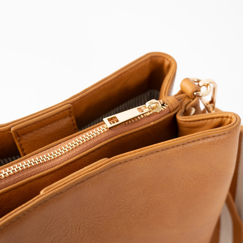 Golden Textured Strap Bucket Bag - TAN