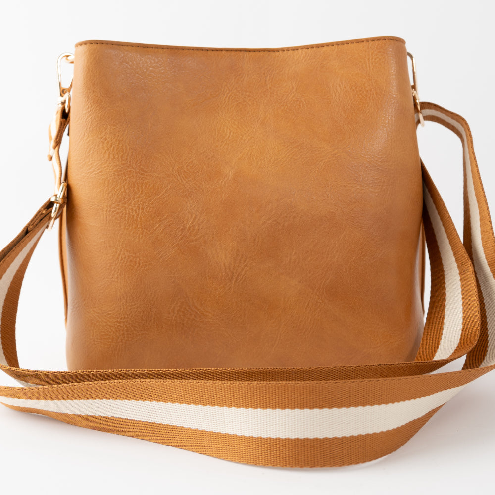 Golden Textured Strap Bucket Bag - TAN