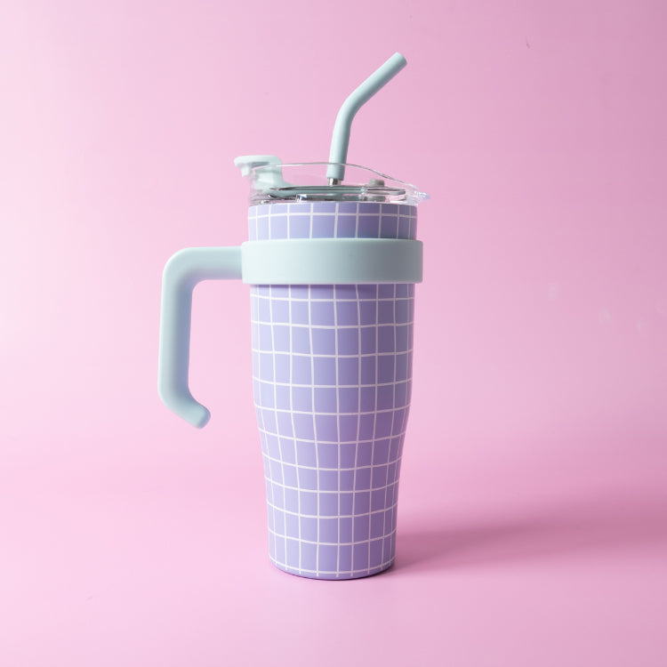 One Of A Kind Large Handled Drink Bottle Cup - Lilac Grid