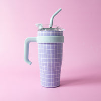 One Of A Kind Large Handled Drink Bottle Cup - Lilac Grid