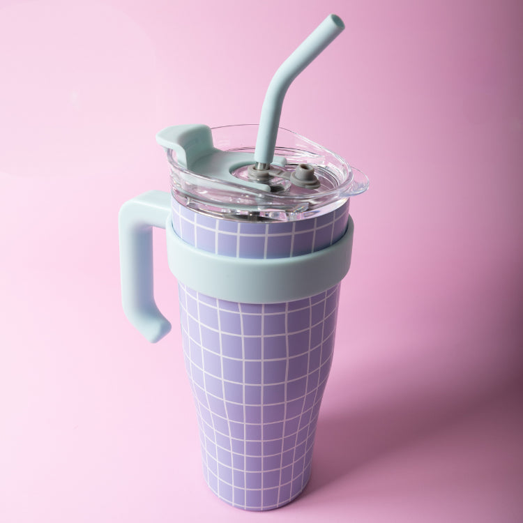 One Of A Kind Large Handled Drink Bottle Cup - Lilac Grid